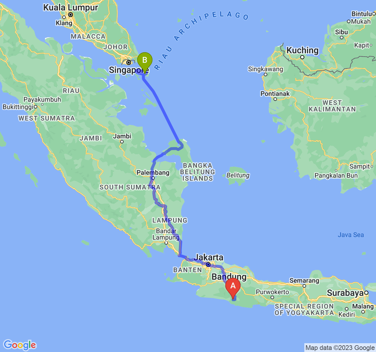 rute perjalanan Kab. Garut-Kota Tanjungpinang