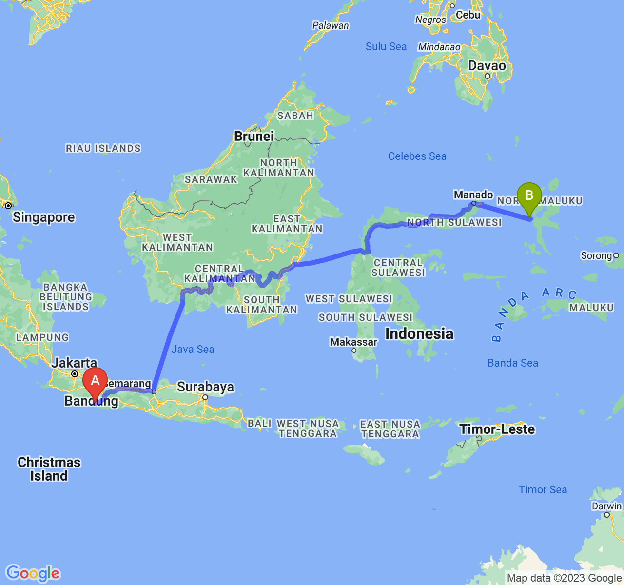 rute perjalanan Kab. Garut-Kota Ternate