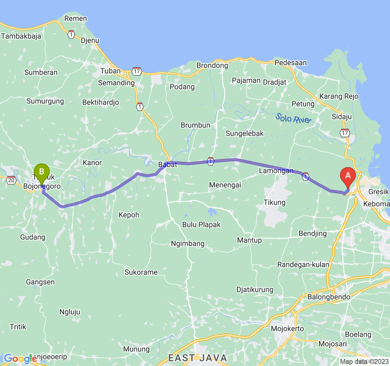 rute perjalanan Kab. Gresik-Kab. Bojonegoro