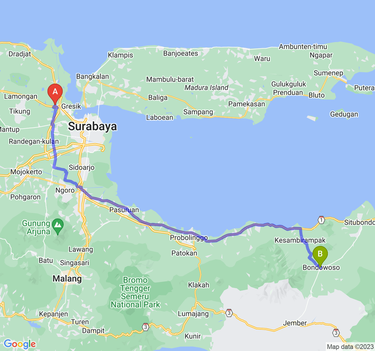 rute perjalanan Kab. Gresik-Kab. Bondowoso