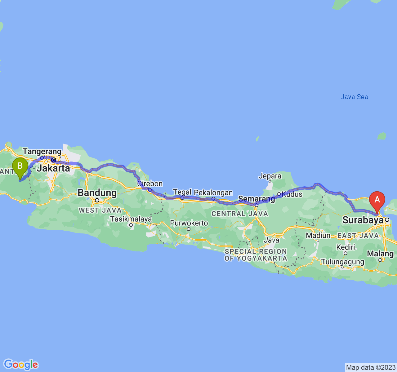 rute perjalanan Kab. Gresik-Kab. Lebak