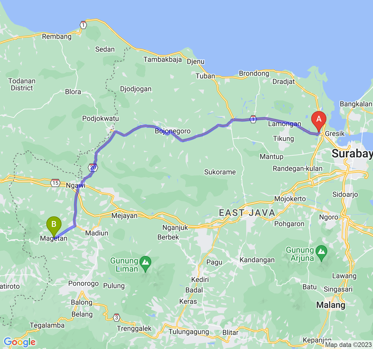 rute perjalanan Kab. Gresik-Kab. Magetan