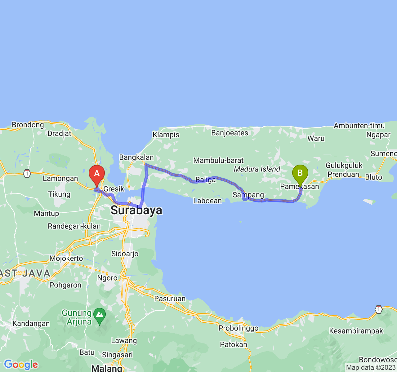 rute perjalanan Kab. Gresik-Kab. Pamekasan