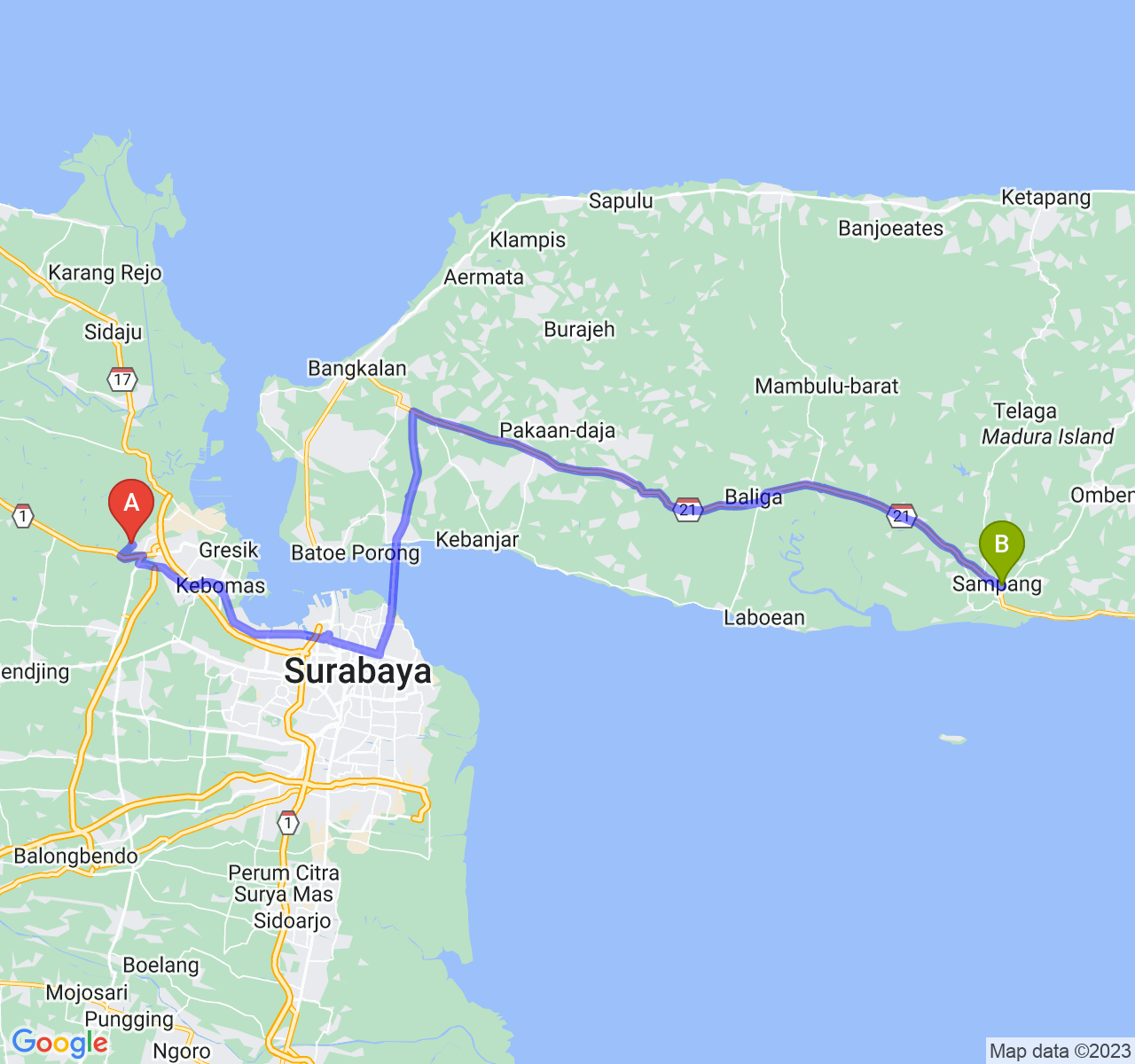 rute perjalanan Kab. Gresik-Kab. Sampang