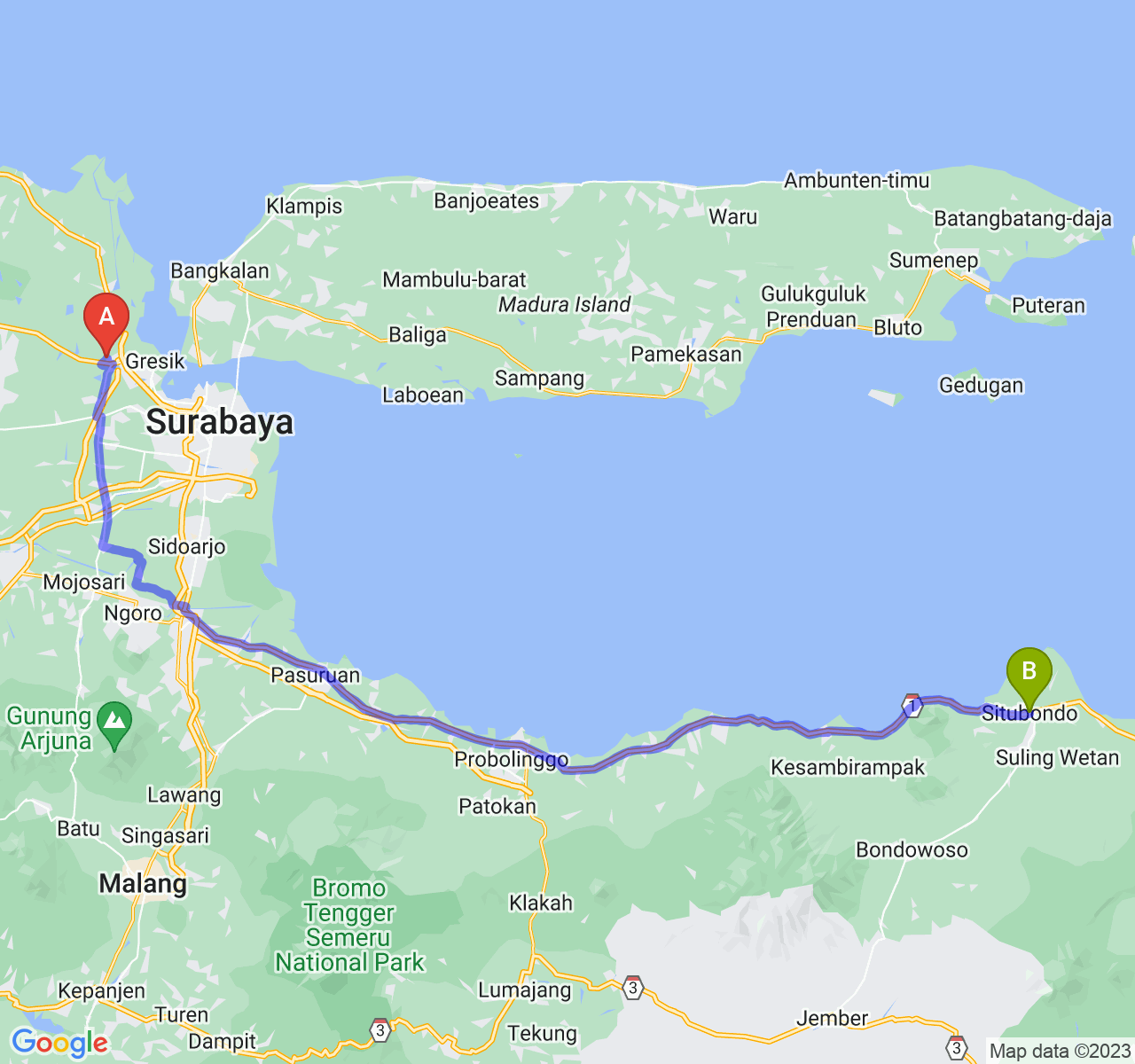 rute perjalanan Kab. Gresik-Kab. Situbondo