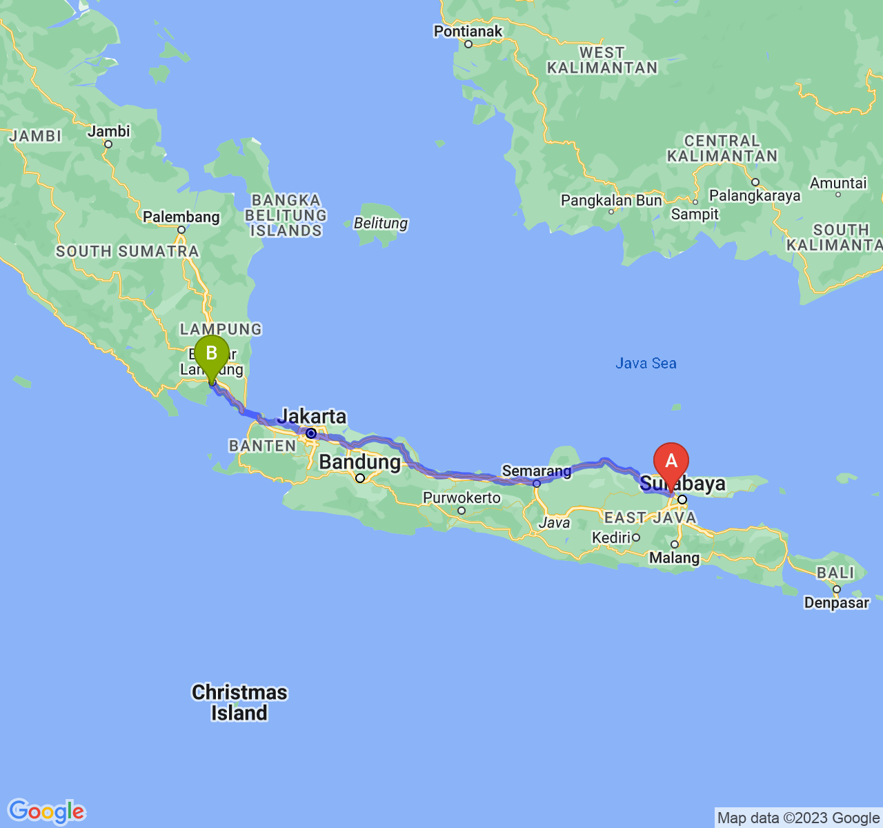 rute perjalanan Kab. Gresik-Kota Bandar Lampung