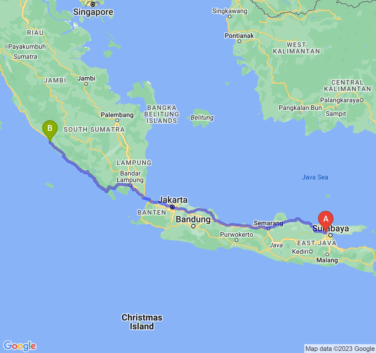 rute perjalanan Kab. Gresik-Kota Bengkulu