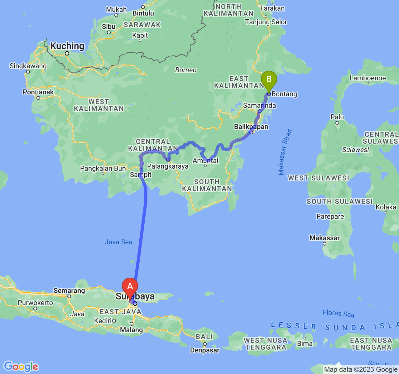 rute perjalanan Kab. Gresik-Kota Bontang