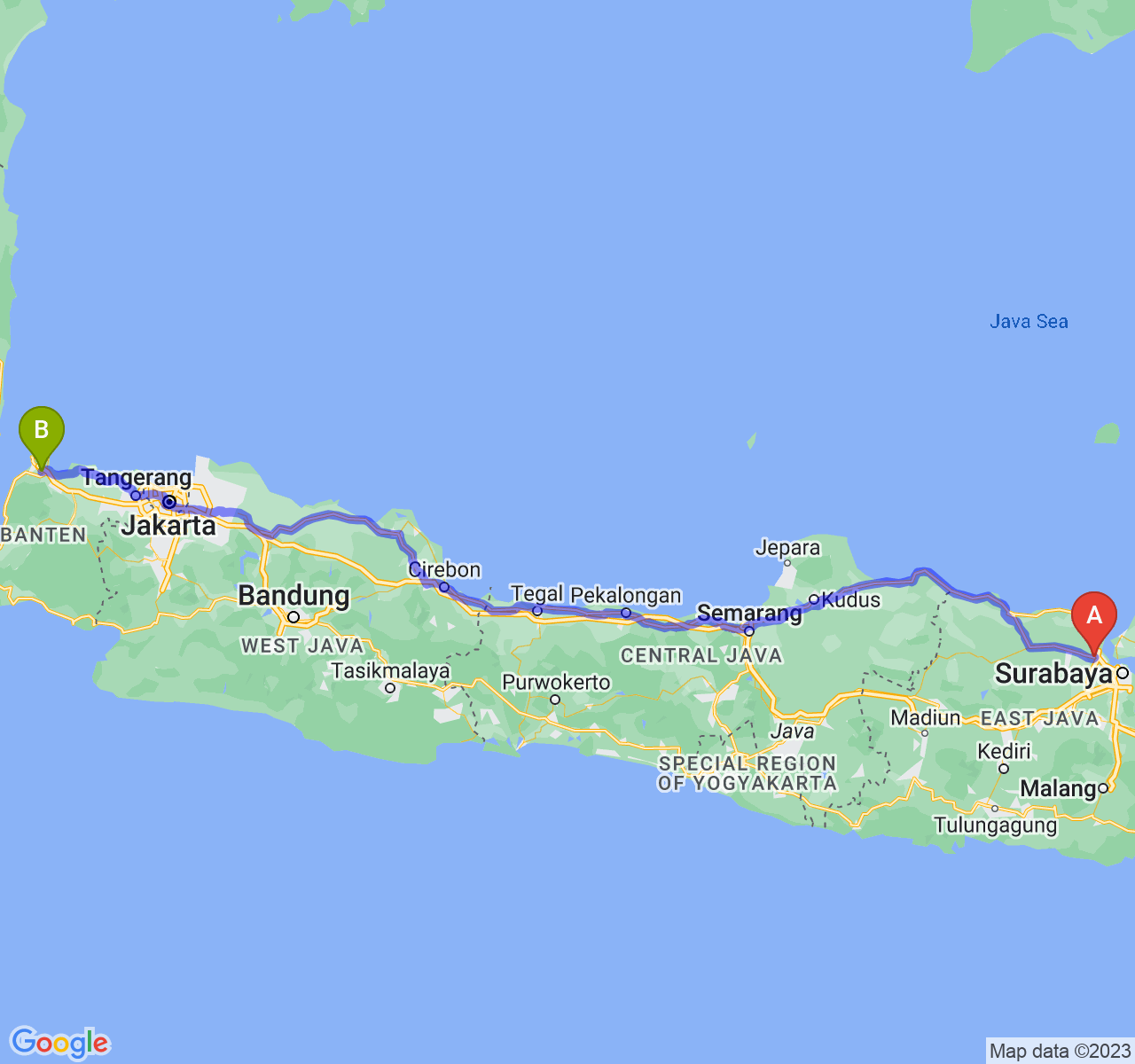 rute perjalanan Kab. Gresik-Kota Cilegon