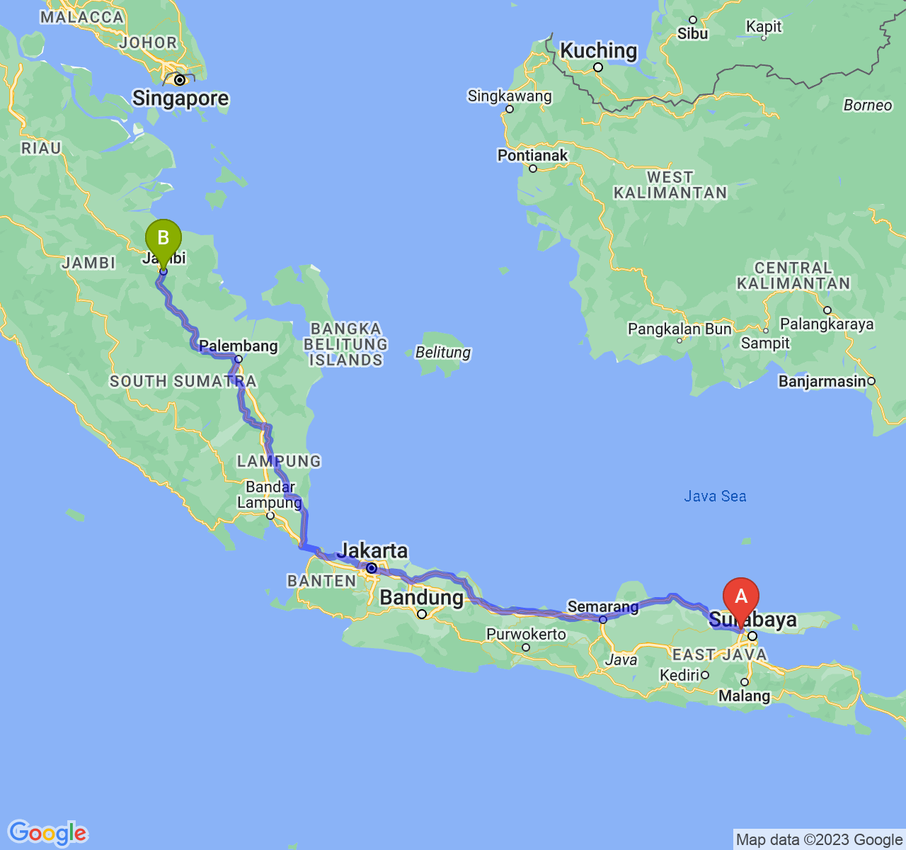 rute perjalanan Kab. Gresik-Kota Jambi