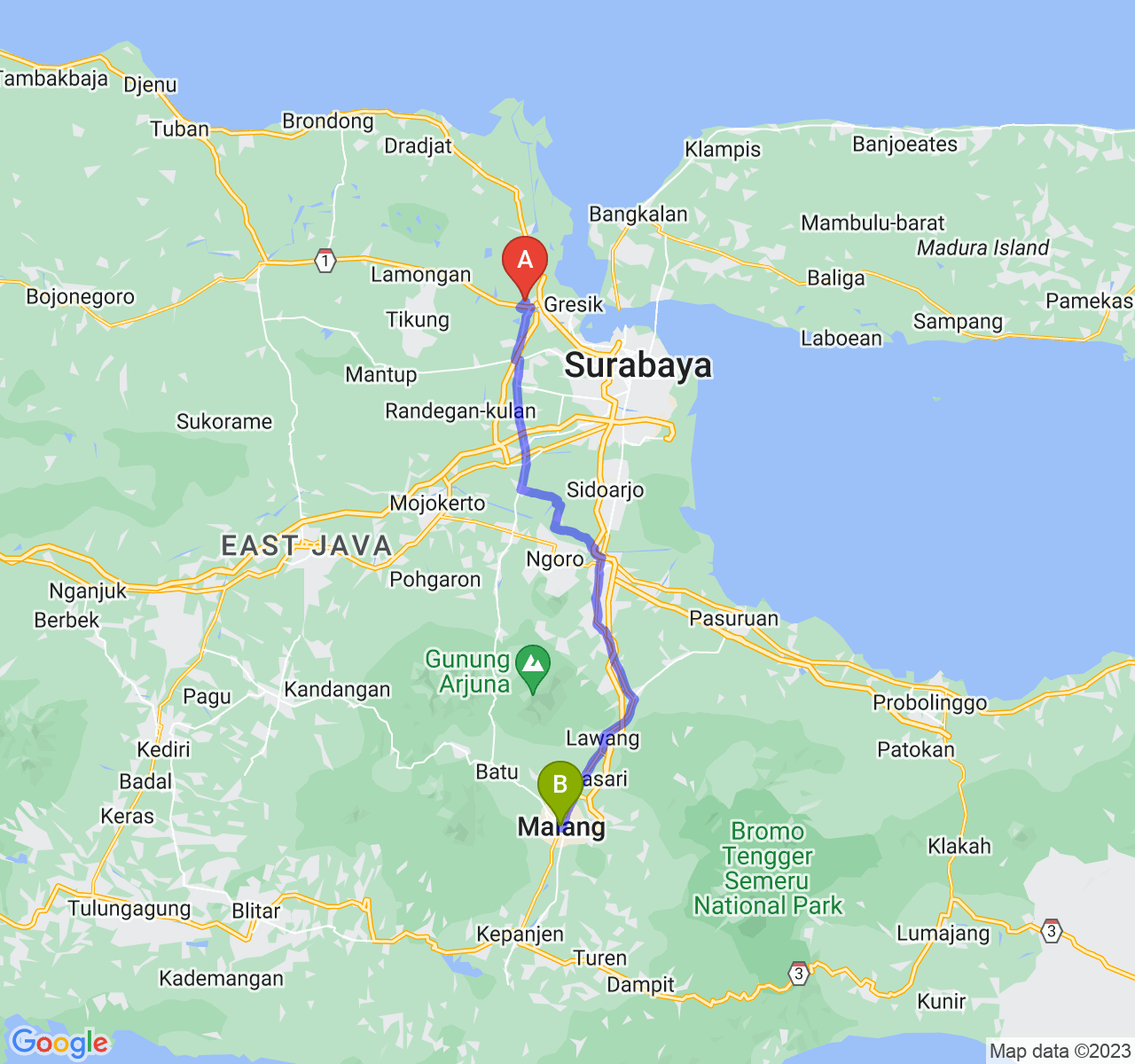 rute perjalanan Kab. Gresik-Kota Malang