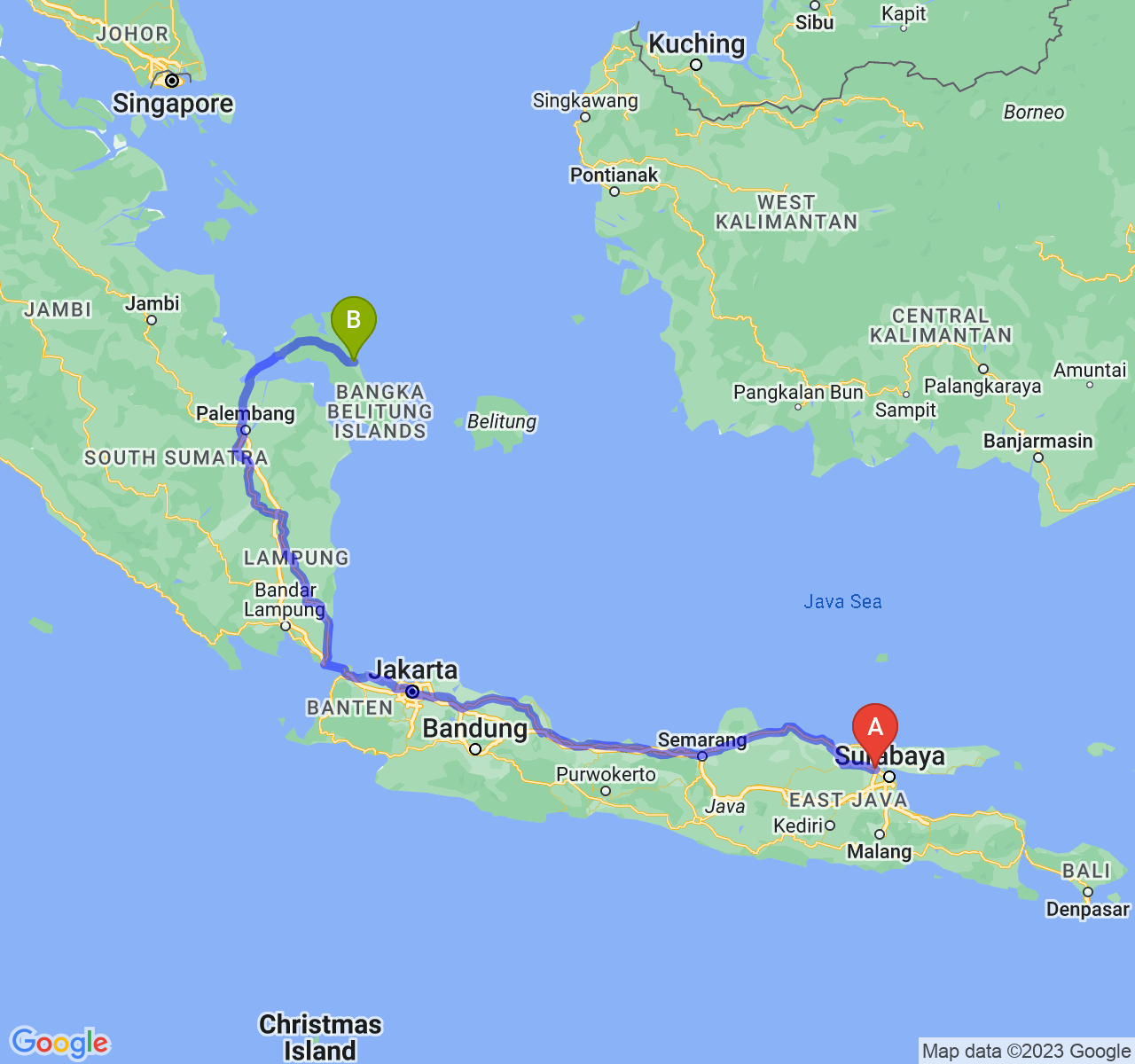 rute perjalanan Kab. Gresik-Kota Pangkalpinang