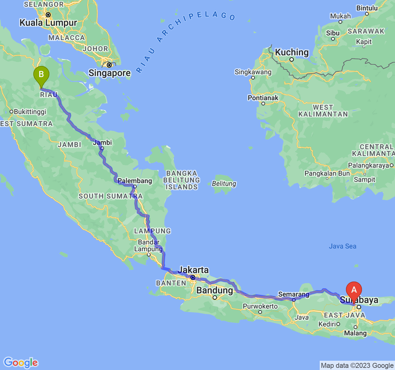 rute perjalanan Kab. Gresik-Kota Pekanbaru