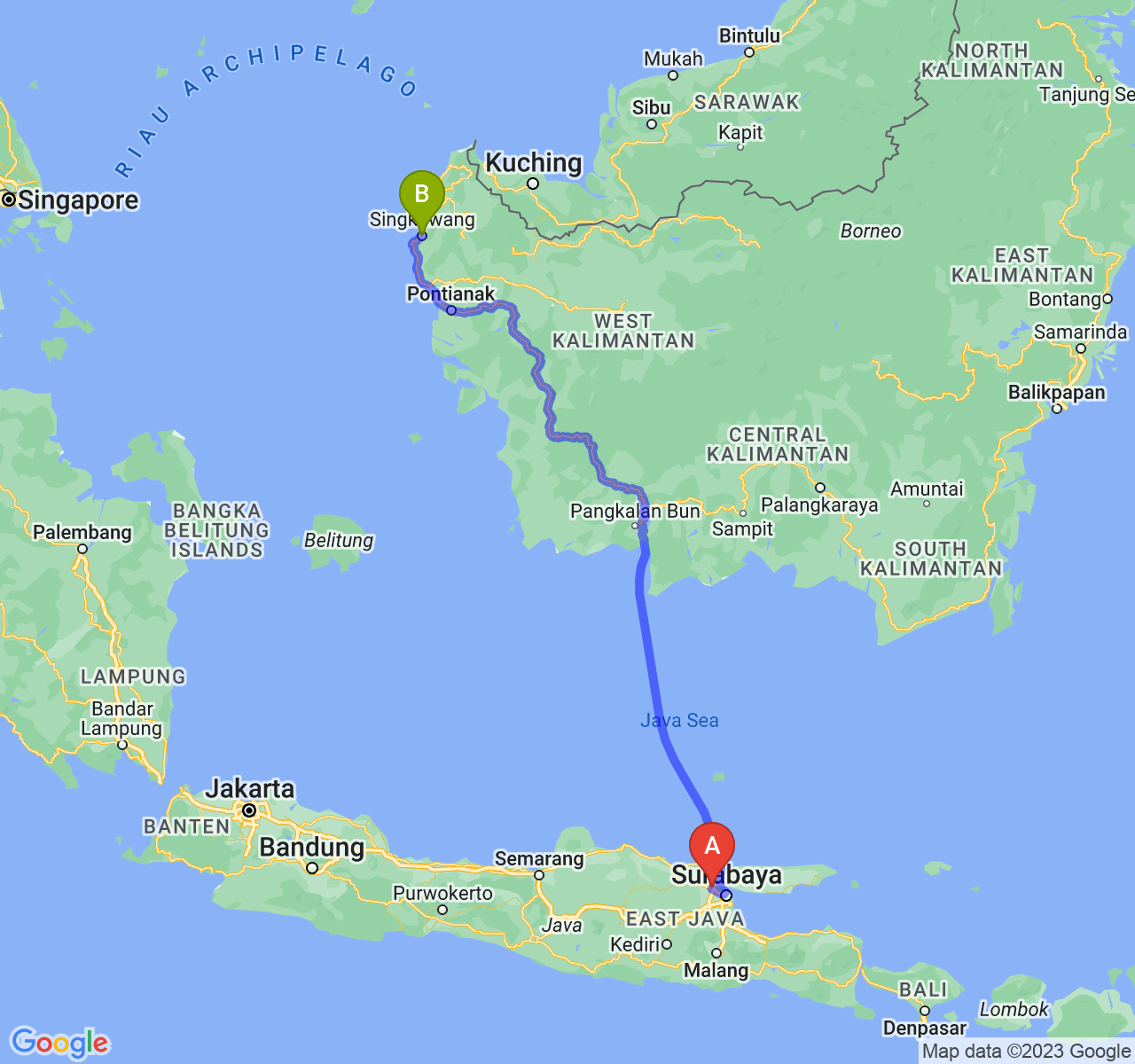 rute perjalanan Kab. Gresik-Kota Singkawang