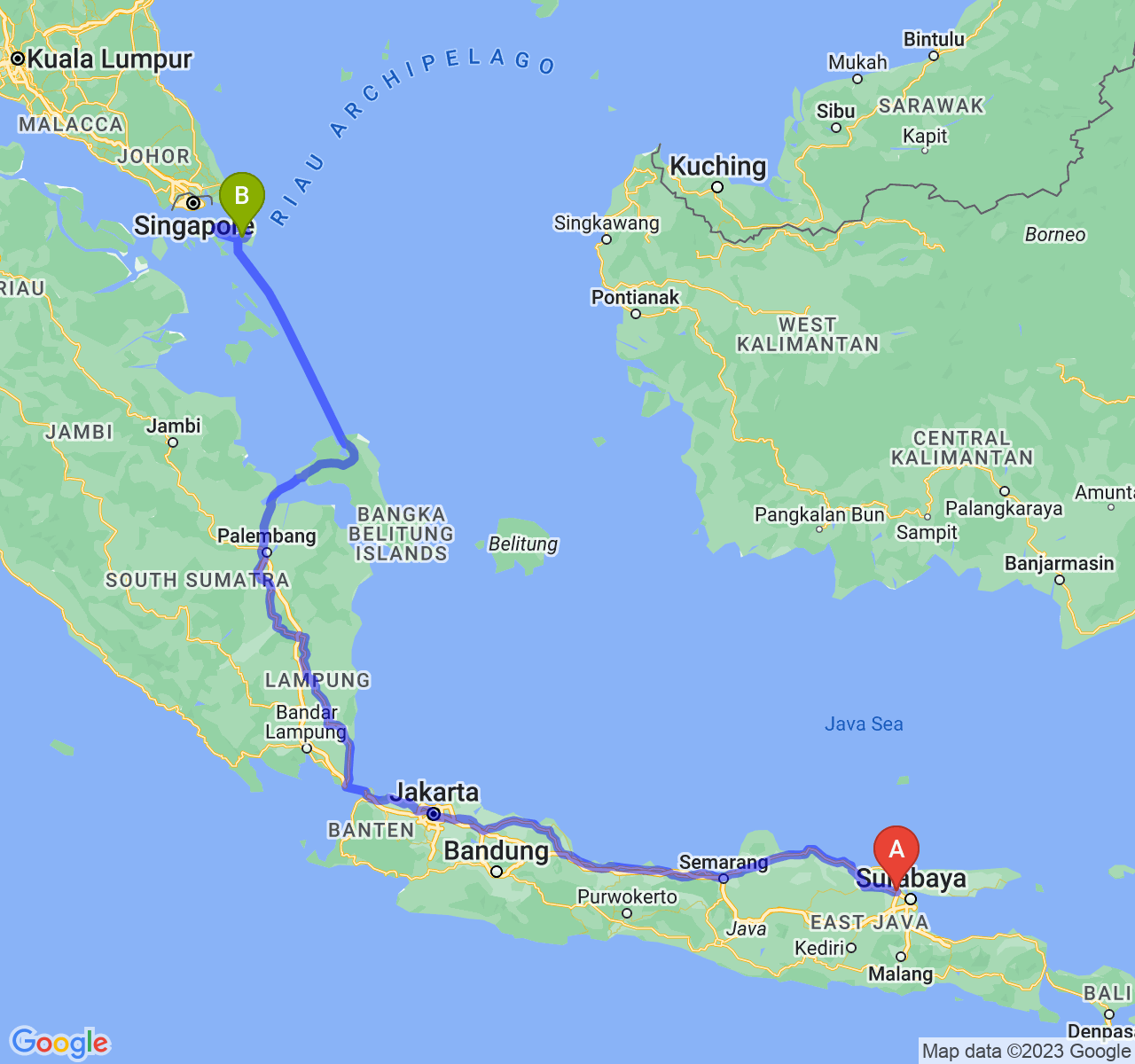 rute perjalanan Kab. Gresik-Kota Tanjungpinang