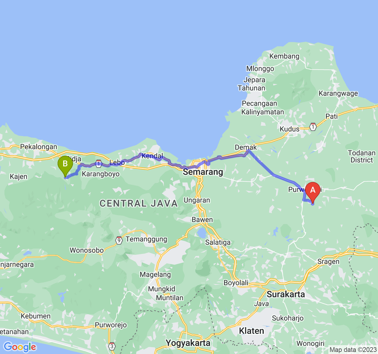 rute perjalanan Kab. Grobogan-Kab. Batang