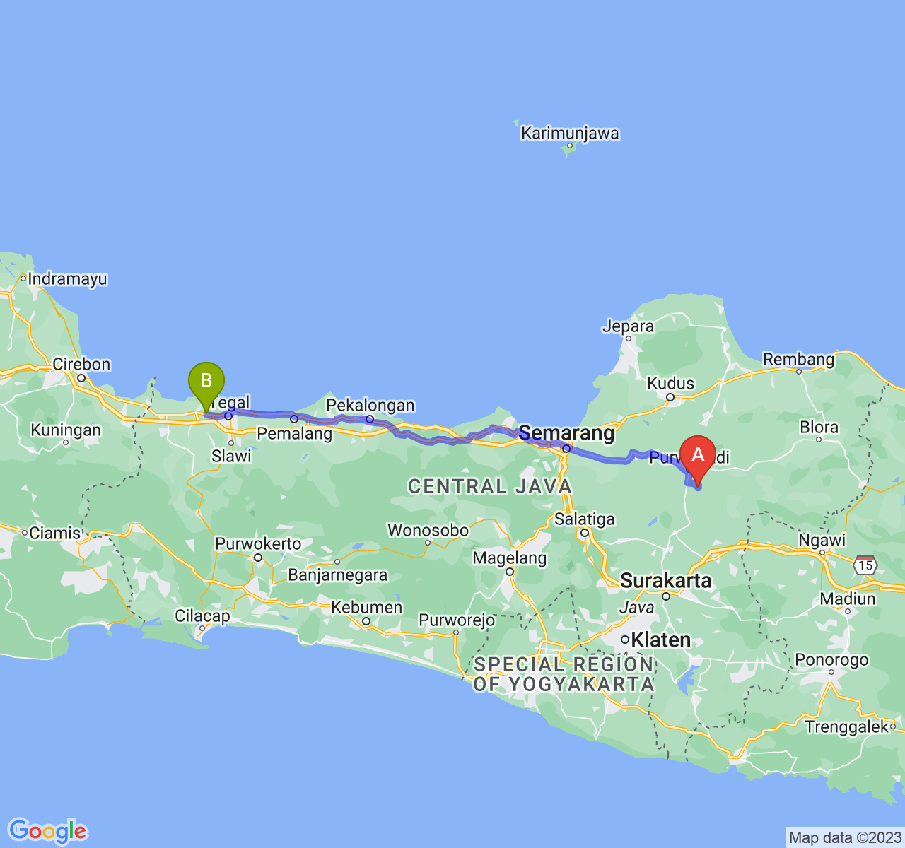 rute perjalanan Kab. Grobogan-Kab. Brebes