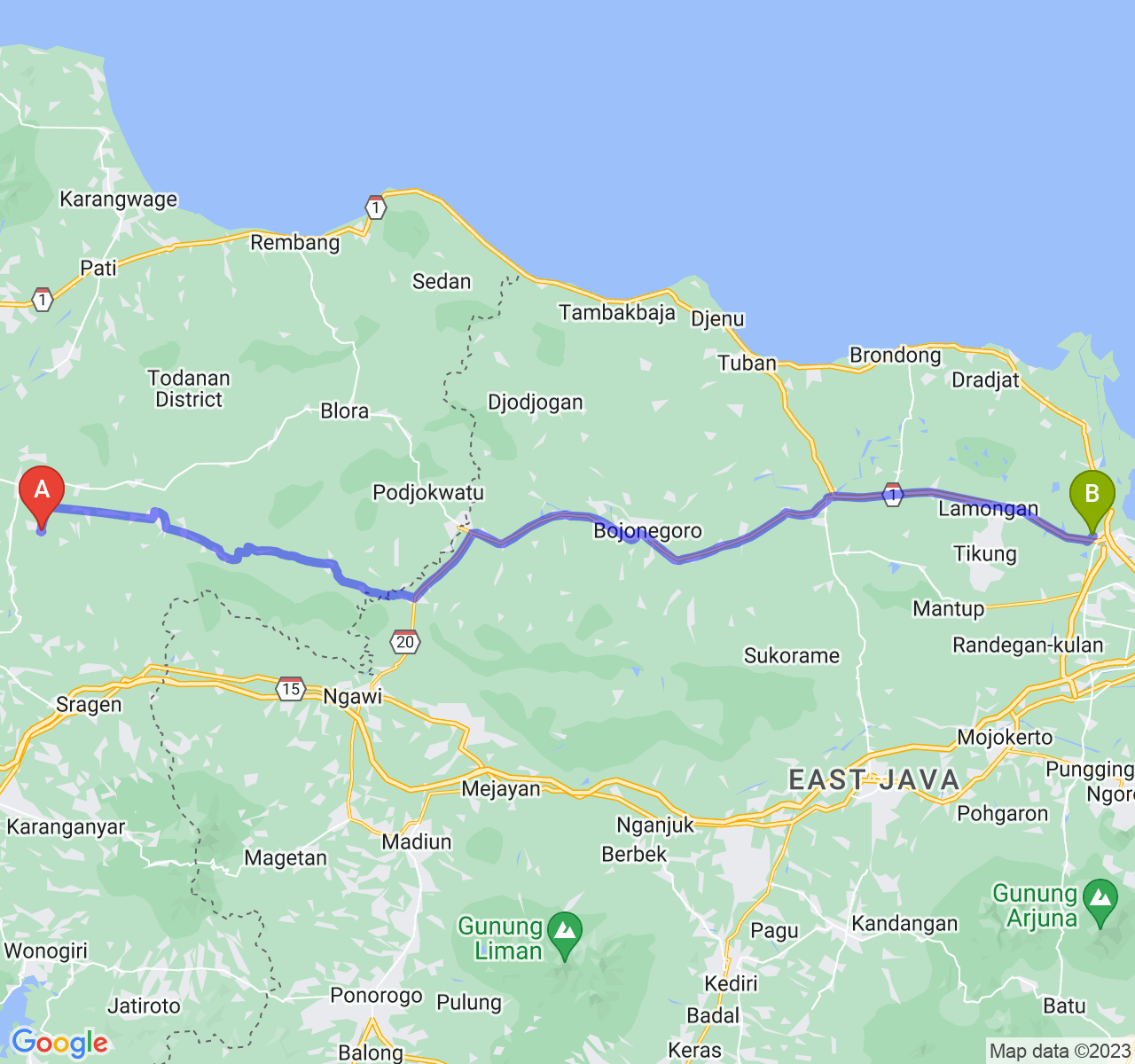 rute perjalanan Kab. Grobogan-Kab. Gresik