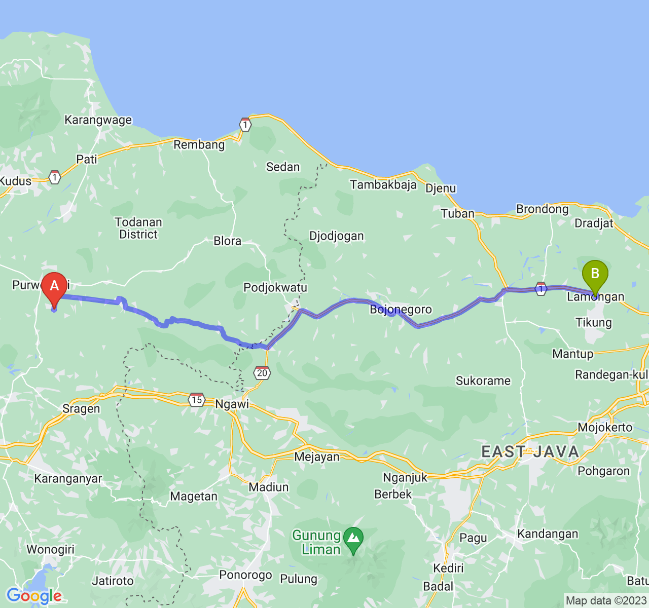 rute perjalanan Kab. Grobogan-Kab. Lamongan