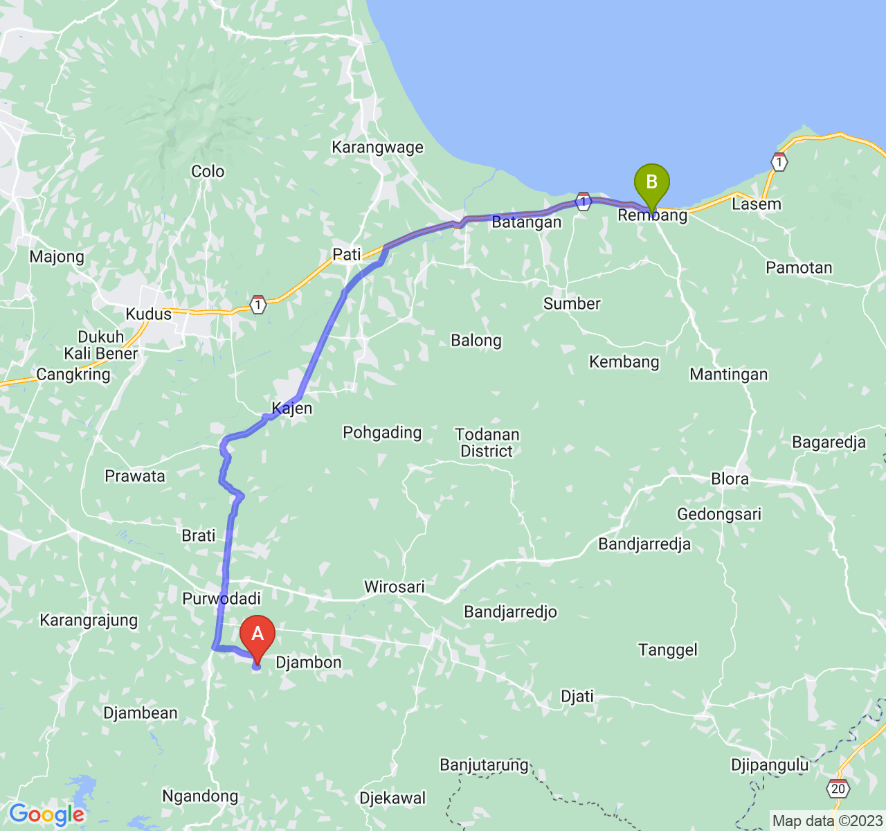 rute perjalanan Kab. Grobogan-Kab. Rembang