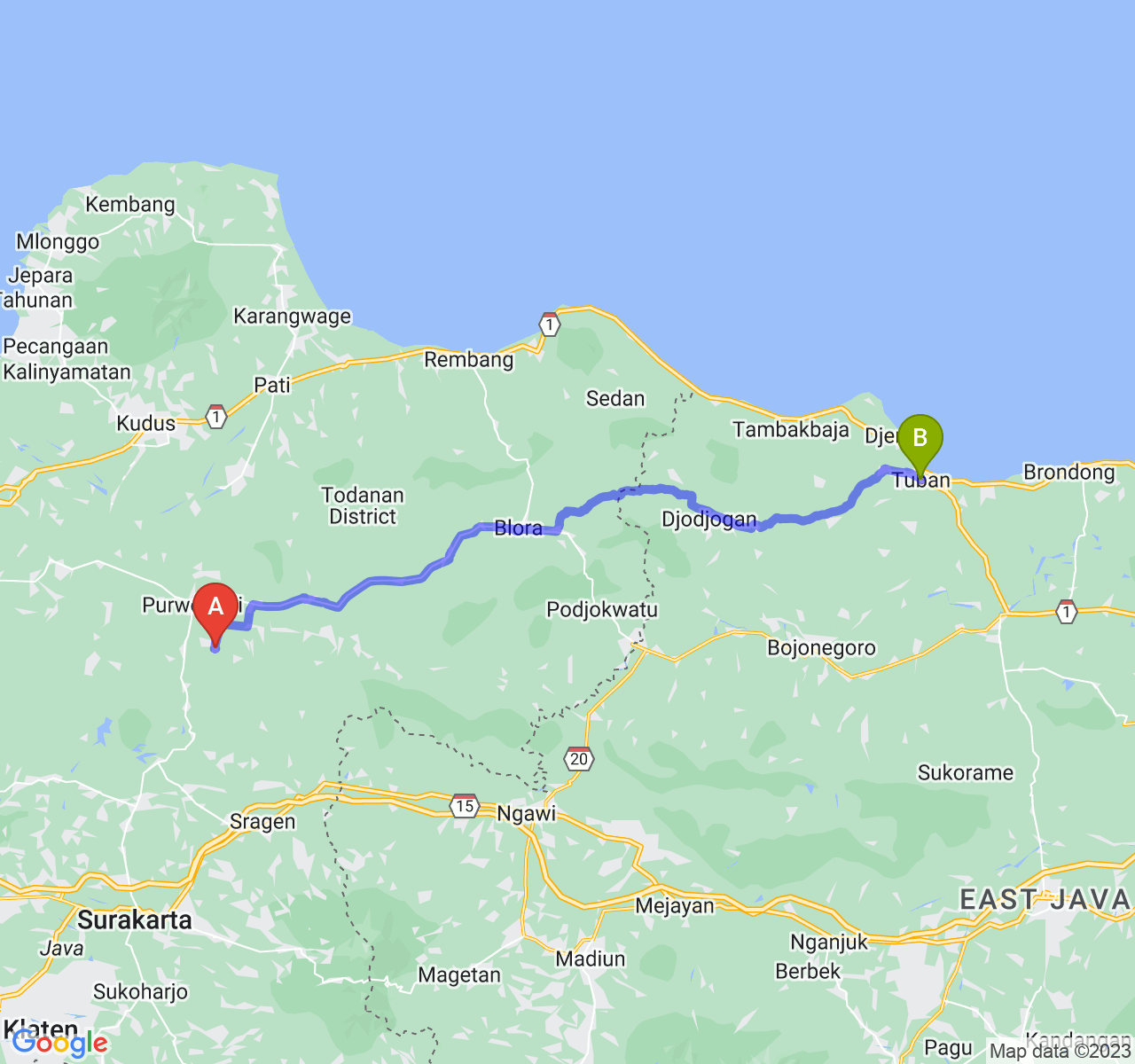 rute perjalanan Kab. Grobogan-Kab. Tuban