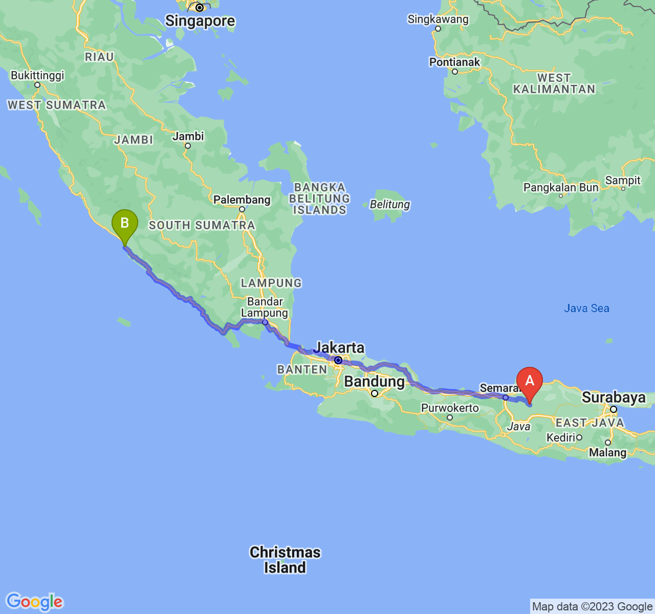 rute perjalanan Kab. Grobogan-Kota Bengkulu