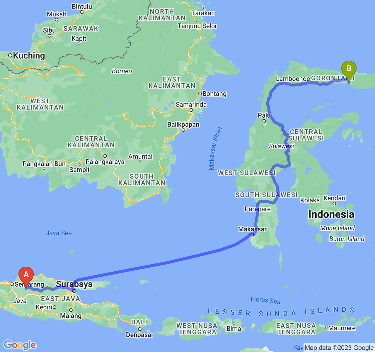 rute perjalanan Kab. Grobogan-Kota Gorontalo