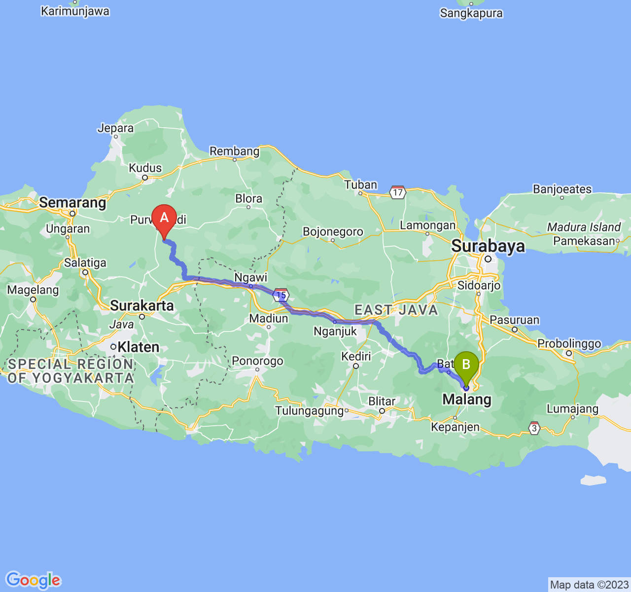 rute perjalanan Kab. Grobogan-Kota Malang