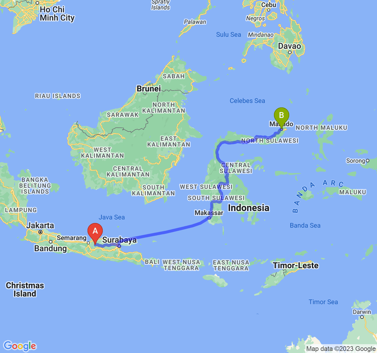 rute perjalanan Kab. Grobogan-Kota Manado