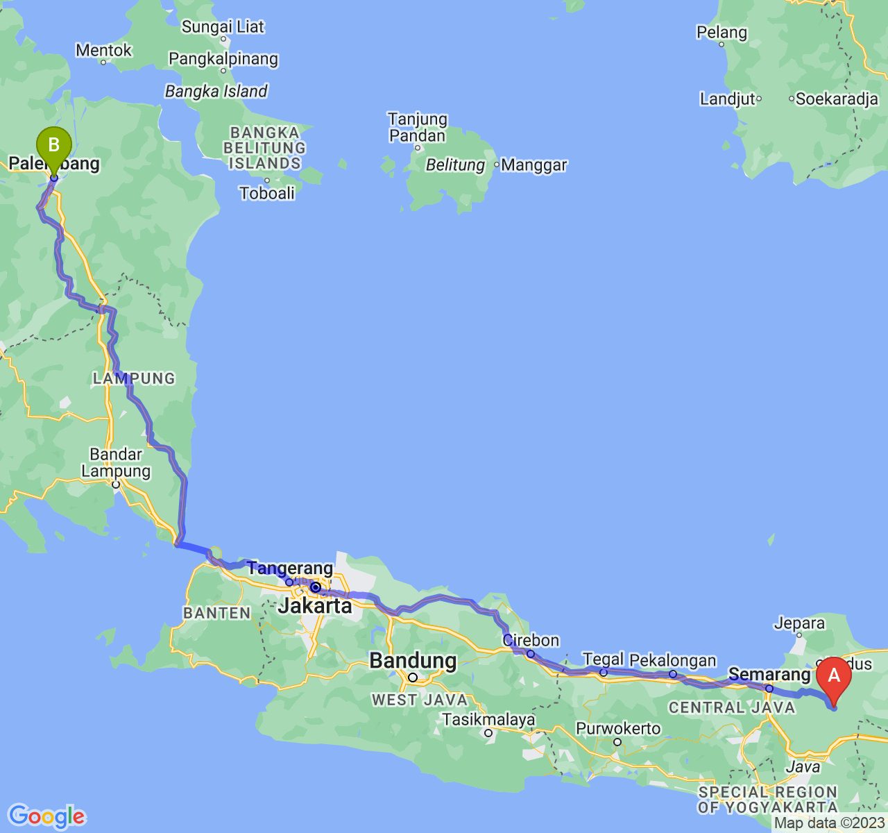 rute perjalanan Kab. Grobogan-Kota Palembang