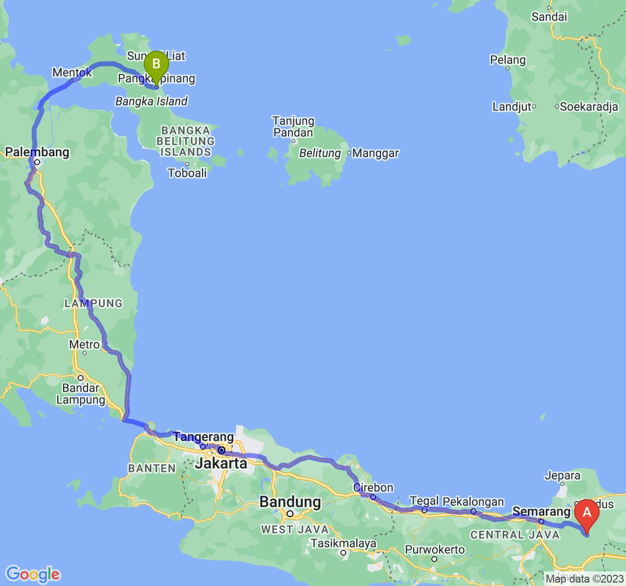 rute perjalanan Kab. Grobogan-Kota Pangkalpinang