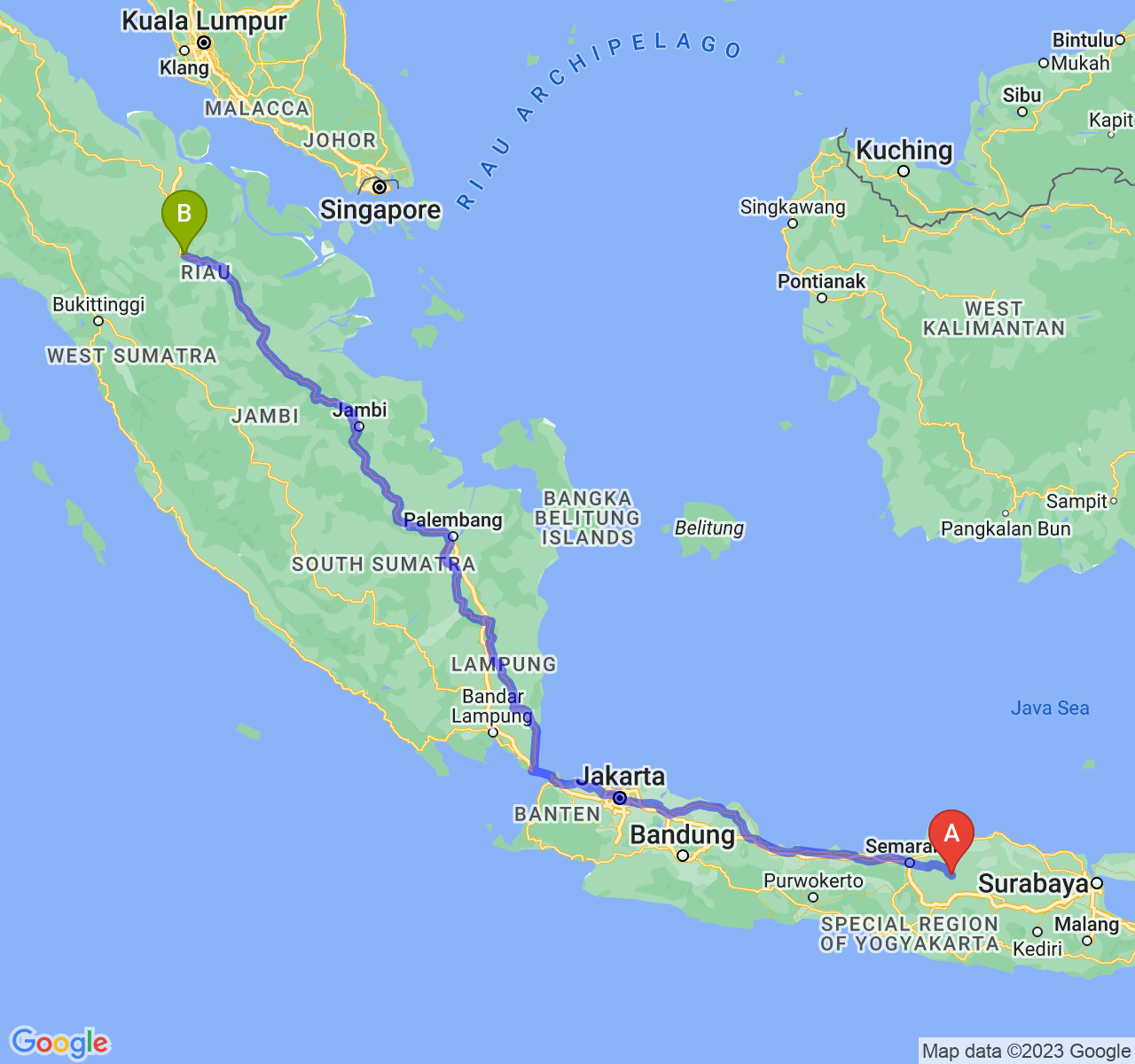 rute perjalanan Kab. Grobogan-Kota Pekanbaru