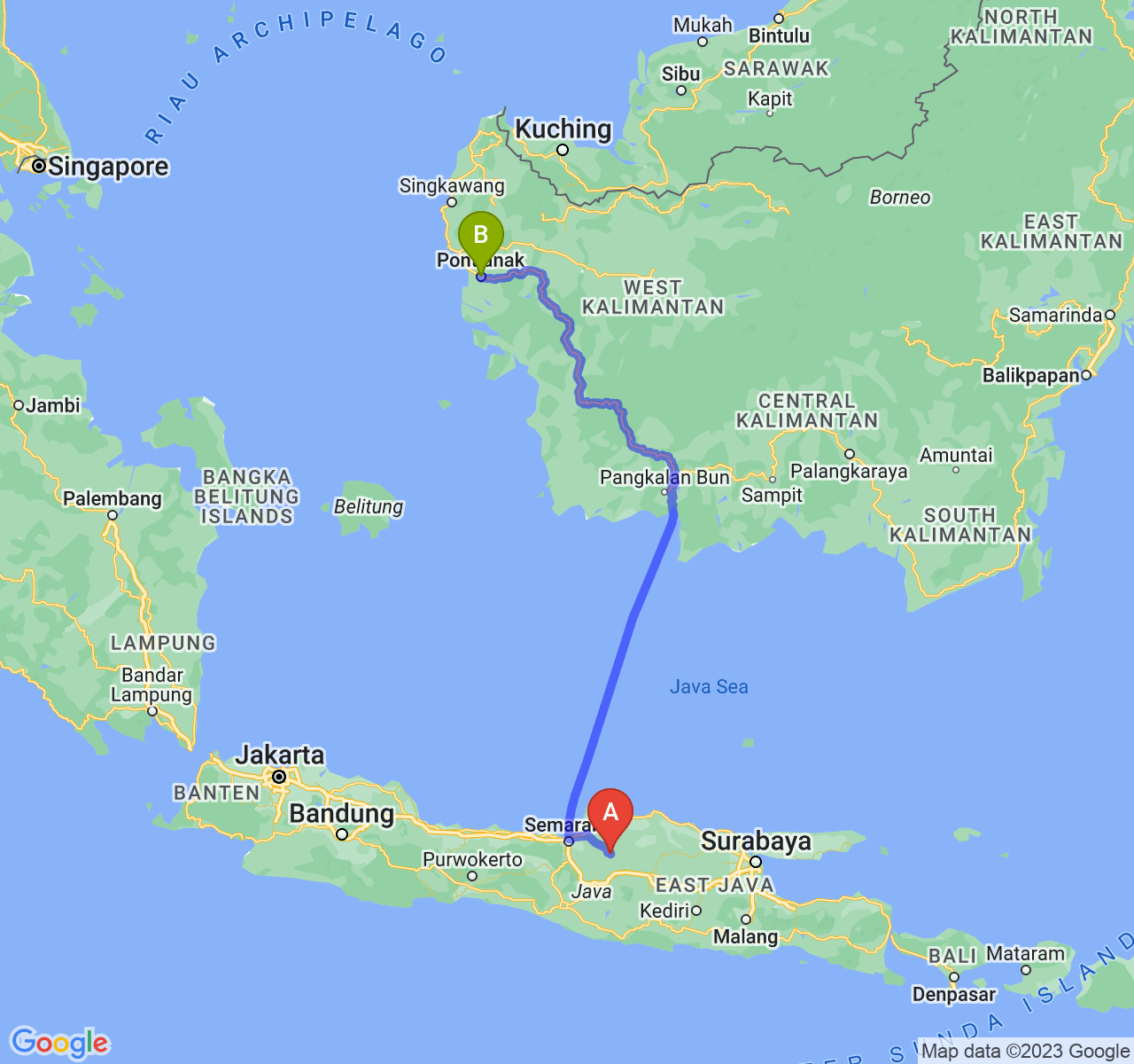 rute perjalanan Kab. Grobogan-Kota Pontianak