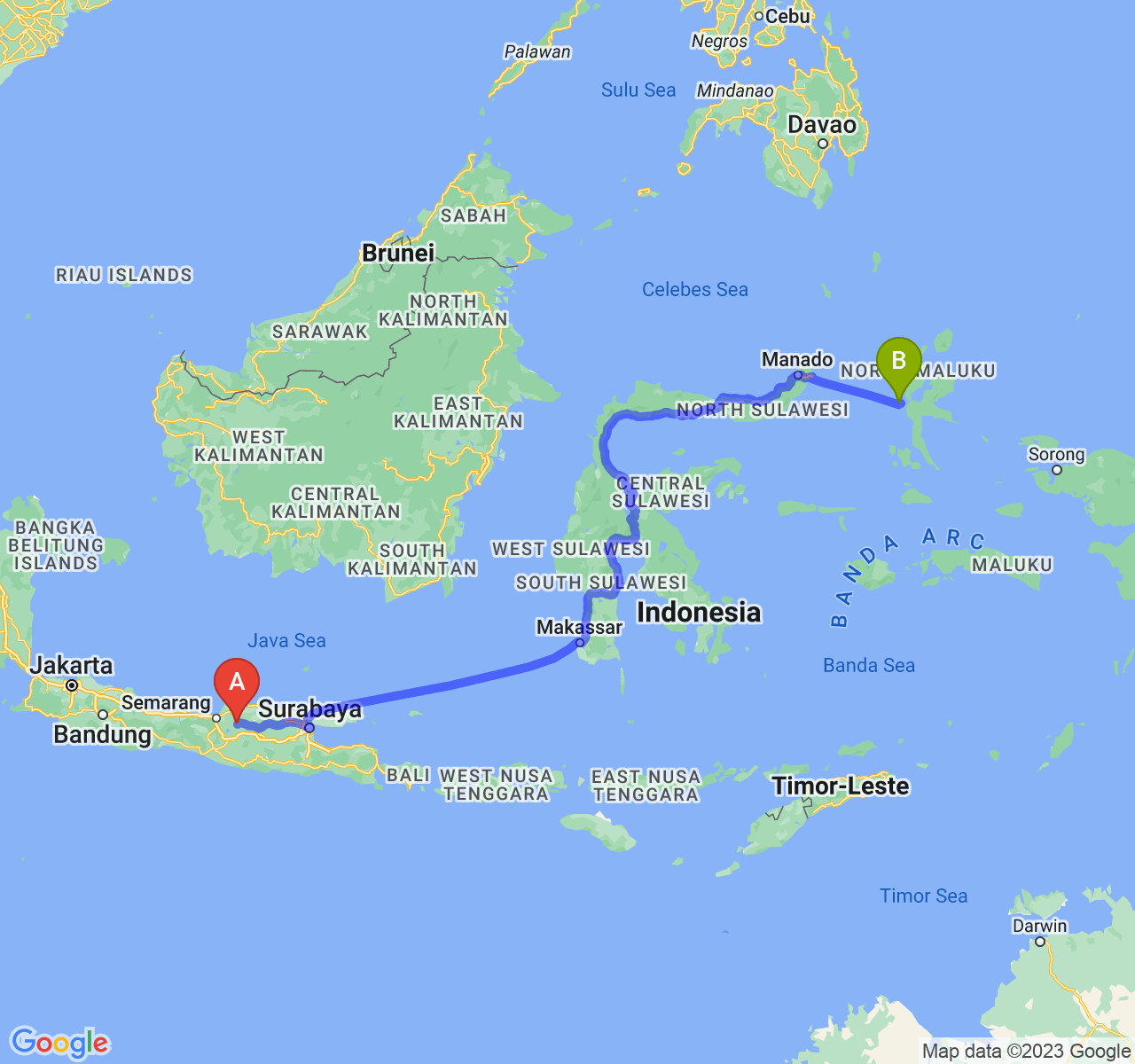 rute perjalanan Kab. Grobogan-Kota Ternate