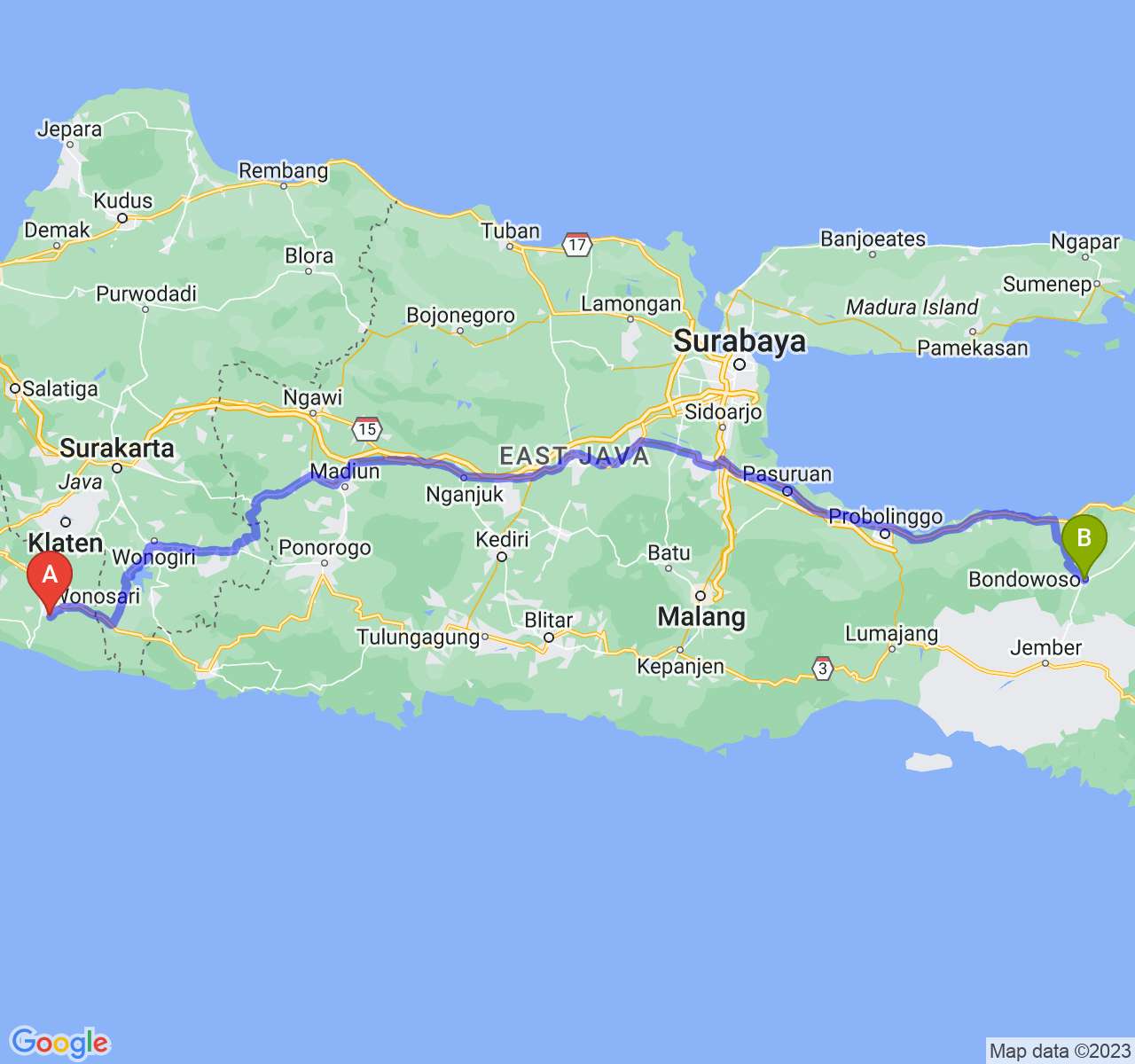 rute perjalanan Kab. Gunung Kidul-Kab. Bondowoso