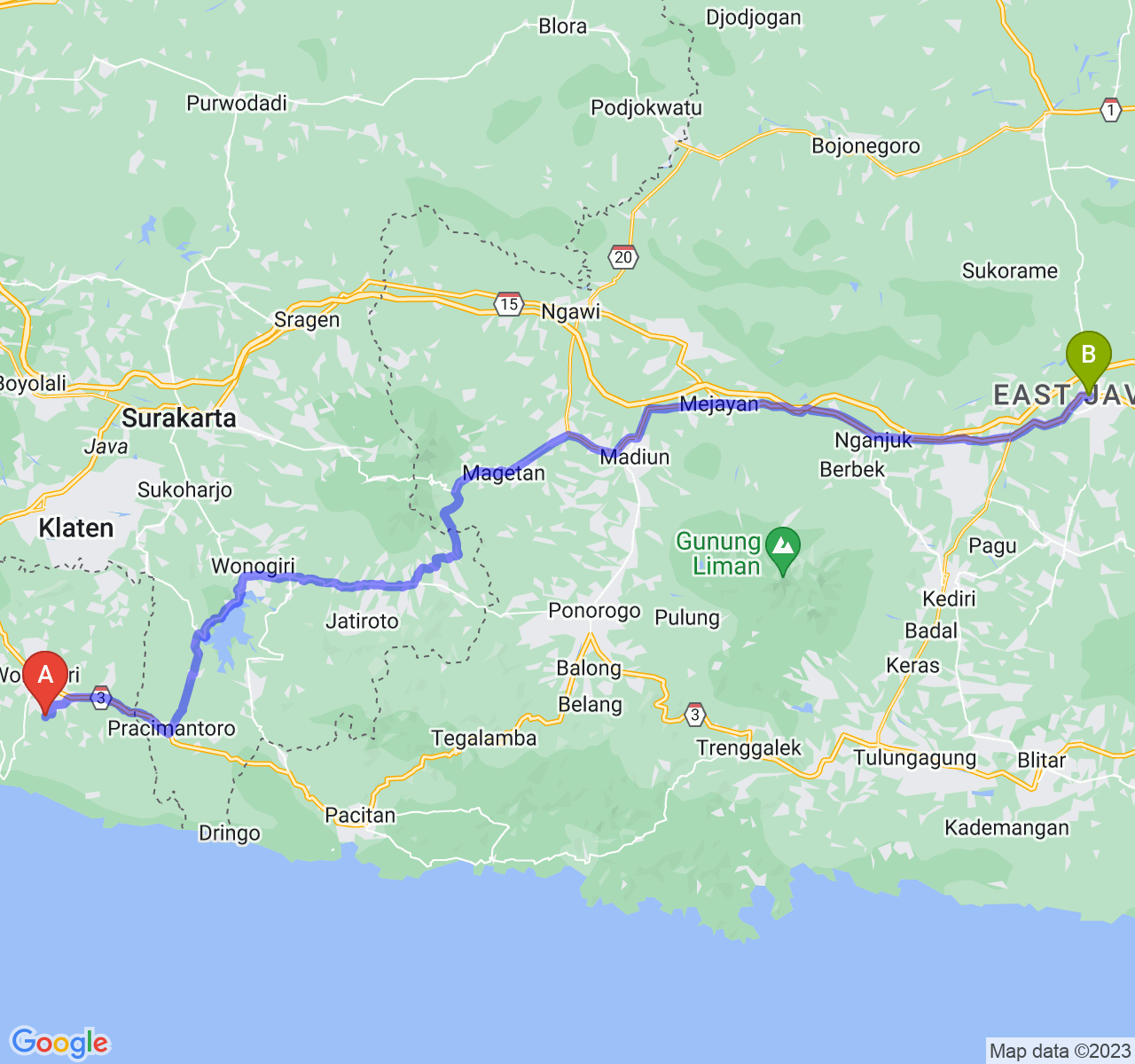 rute perjalanan Kab. Gunung Kidul-Kab. Jombang