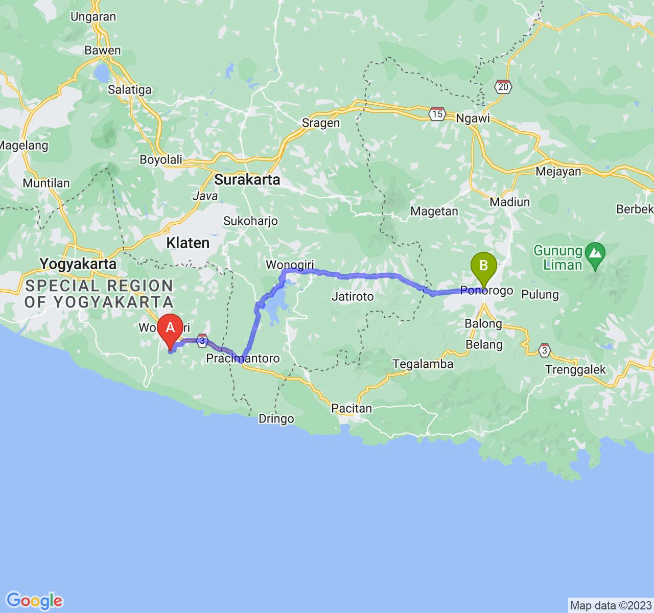 rute perjalanan Kab. Gunung Kidul-Kab. Ponorogo