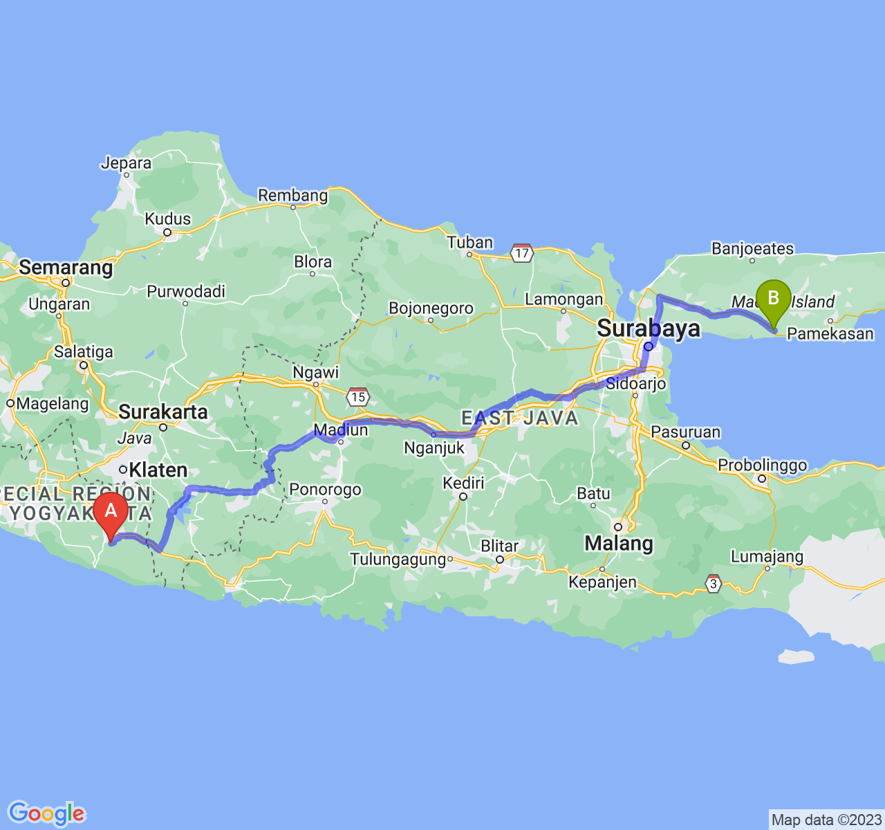 rute perjalanan Kab. Gunung Kidul-Kab. Sampang