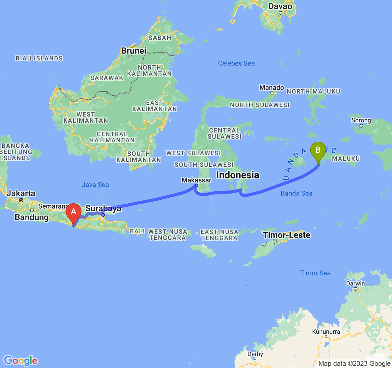 rute perjalanan Kab. Gunung Kidul-Kota Ambon