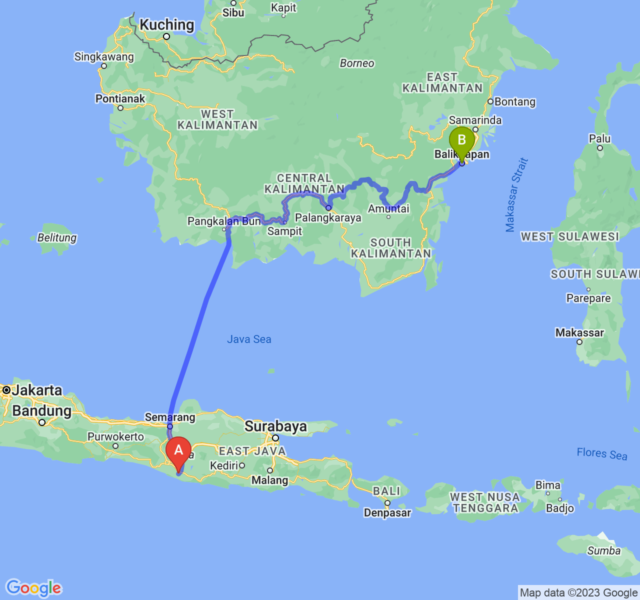 rute perjalanan Kab. Gunung Kidul-Kota Balikpapan