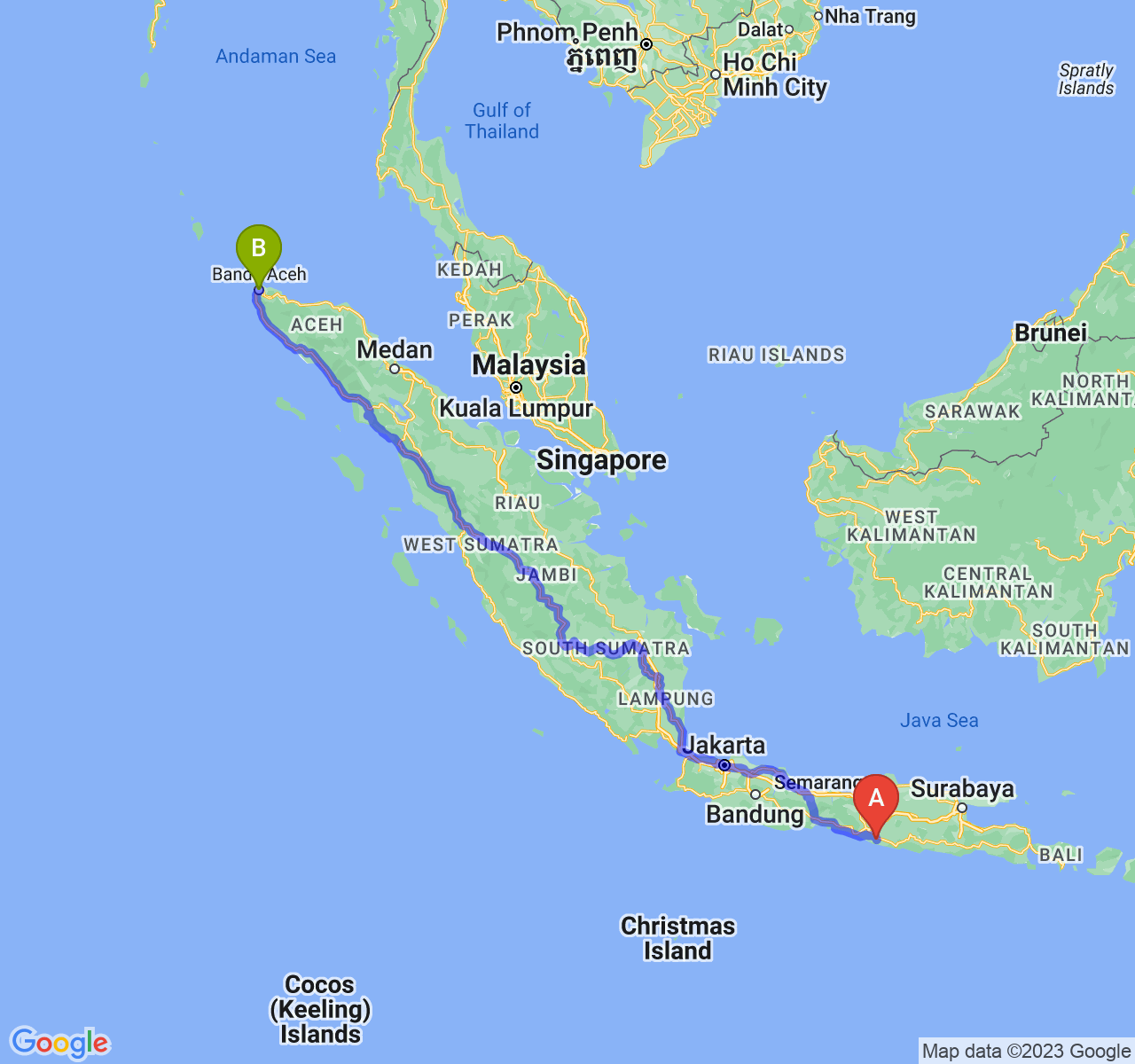 rute perjalanan Kab. Gunung Kidul-Kota Banda Aceh