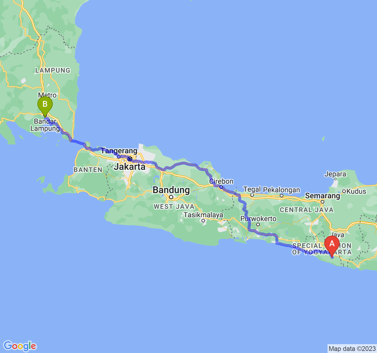 rute perjalanan Kab. Gunung Kidul-Kota Bandar Lampung