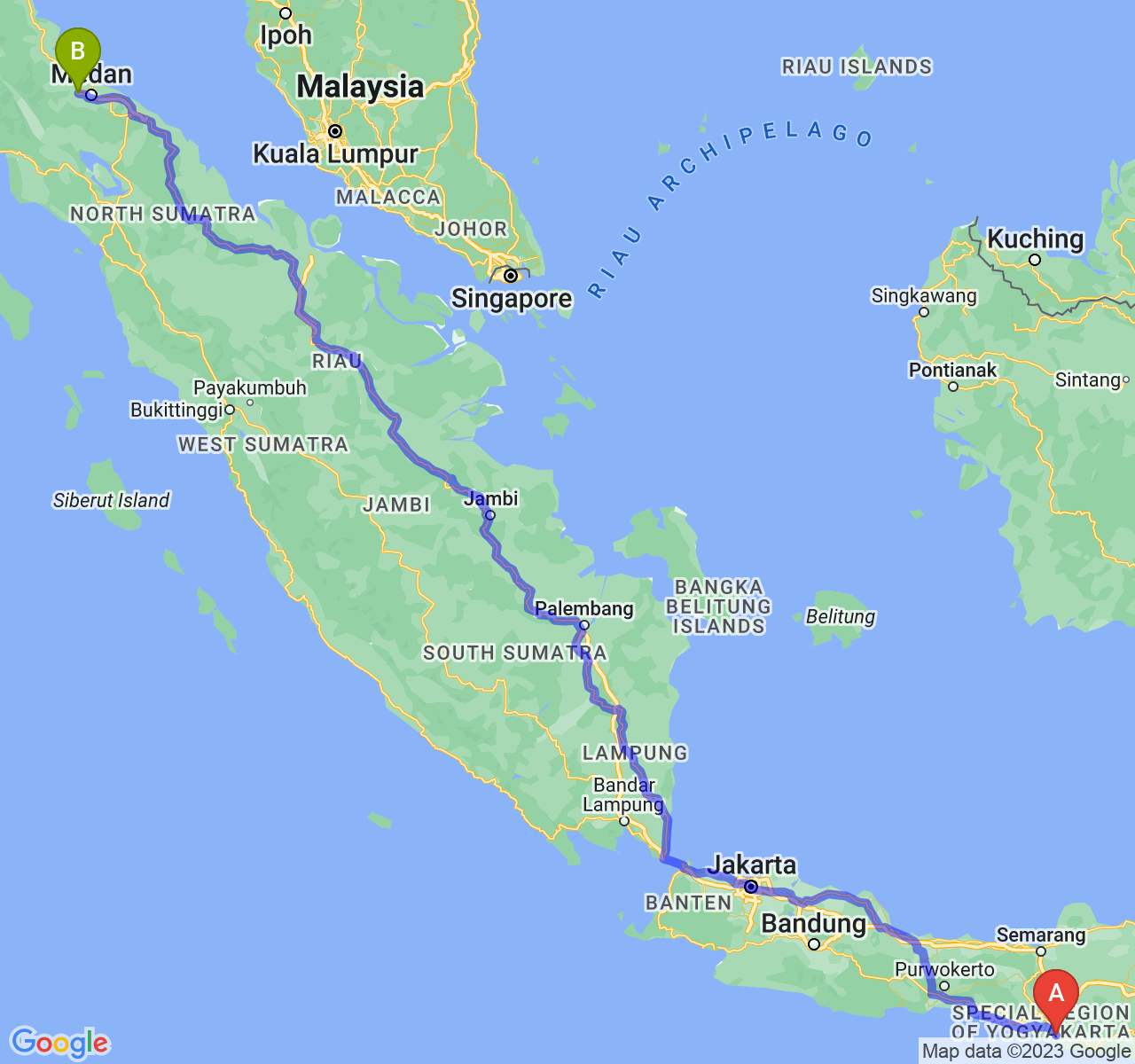 rute perjalanan Kab. Gunung Kidul-Kota Binjai