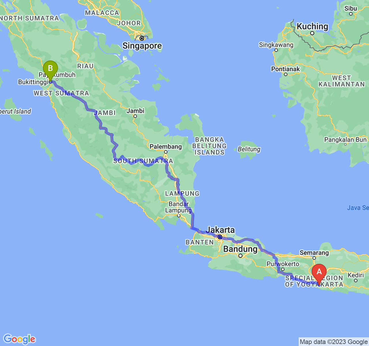 rute perjalanan Kab. Gunung Kidul-Kota Bukittinggi