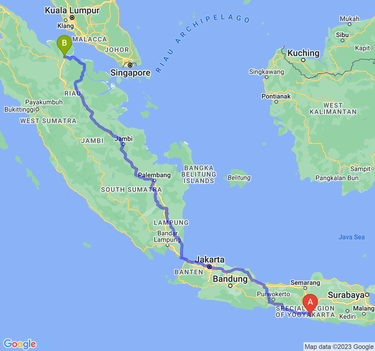 rute perjalanan Kab. Gunung Kidul-Kota Dumai