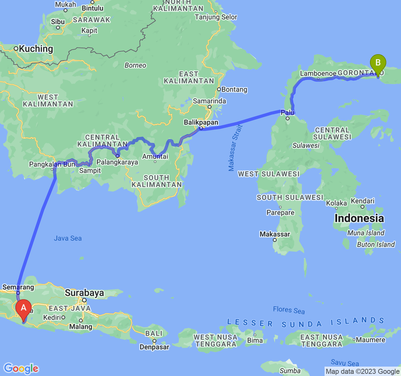 rute perjalanan Kab. Gunung Kidul-Kota Gorontalo