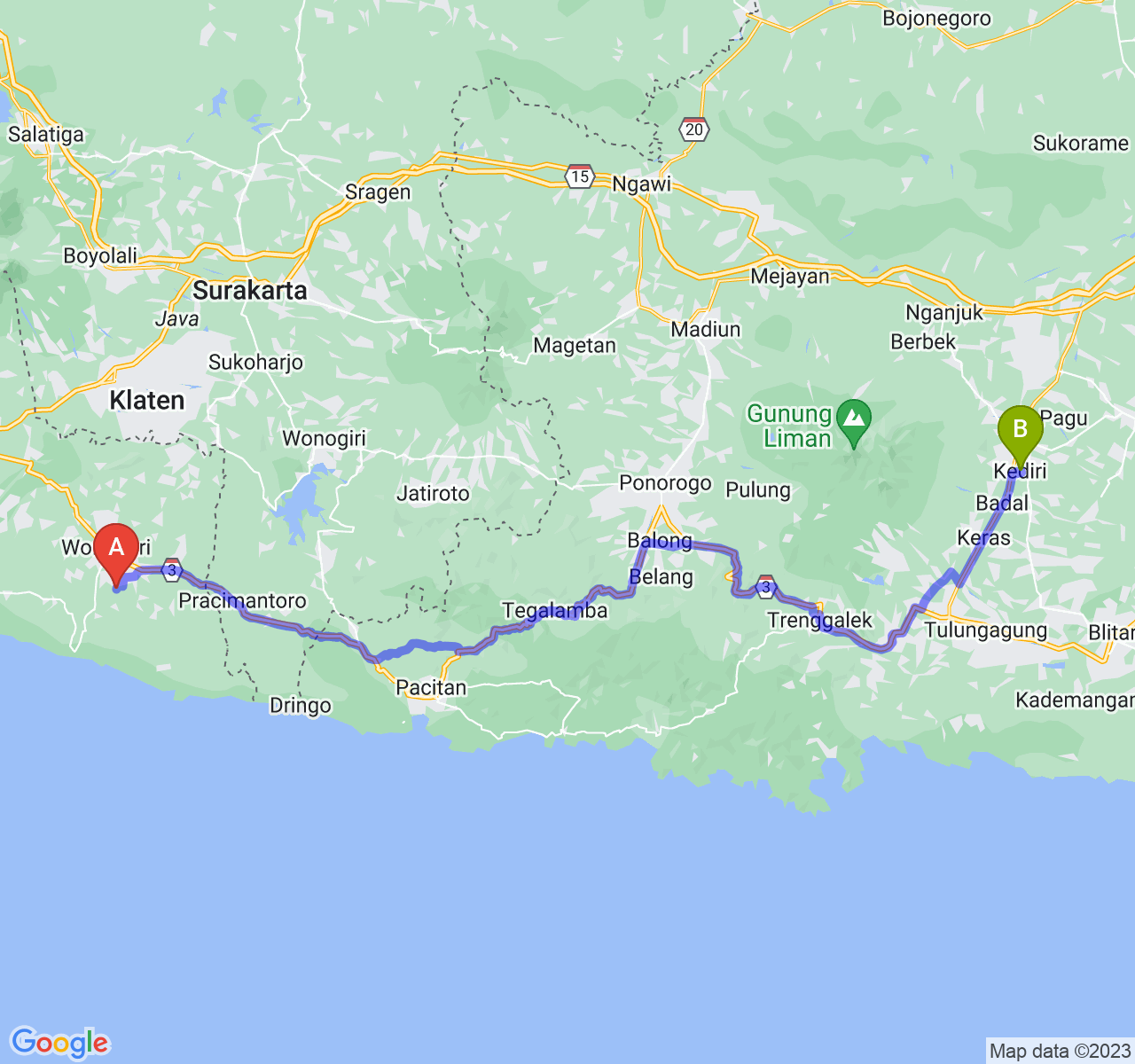 rute perjalanan Kab. Gunung Kidul-Kota Kediri