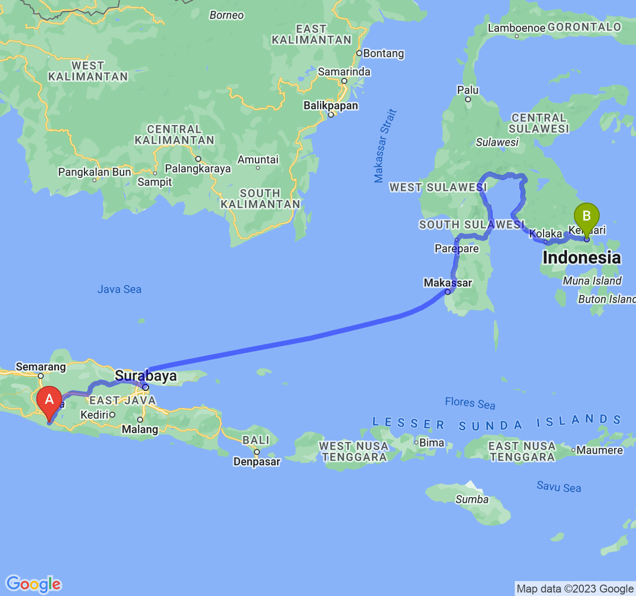 rute perjalanan Kab. Gunung Kidul-Kota Kendari