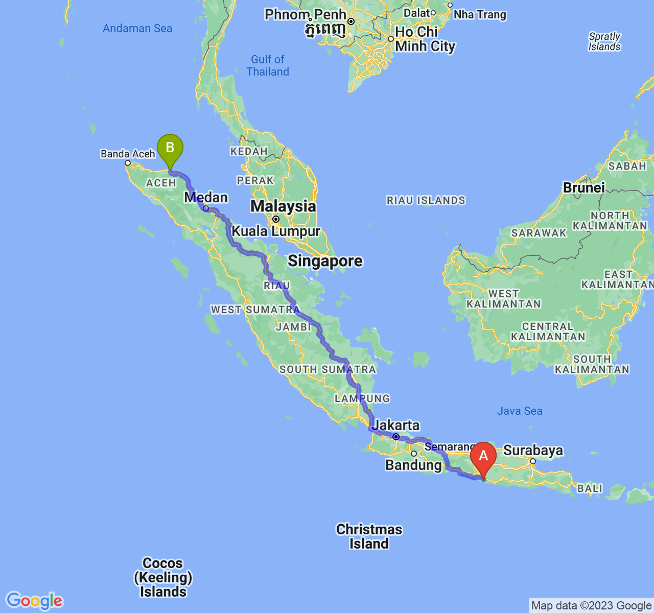 rute perjalanan Kab. Gunung Kidul-Kota Lhokseumawe