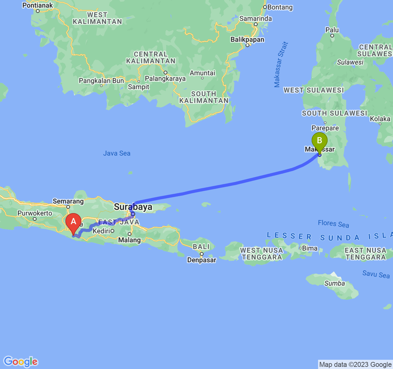 rute perjalanan Kab. Gunung Kidul-Kota Makassar